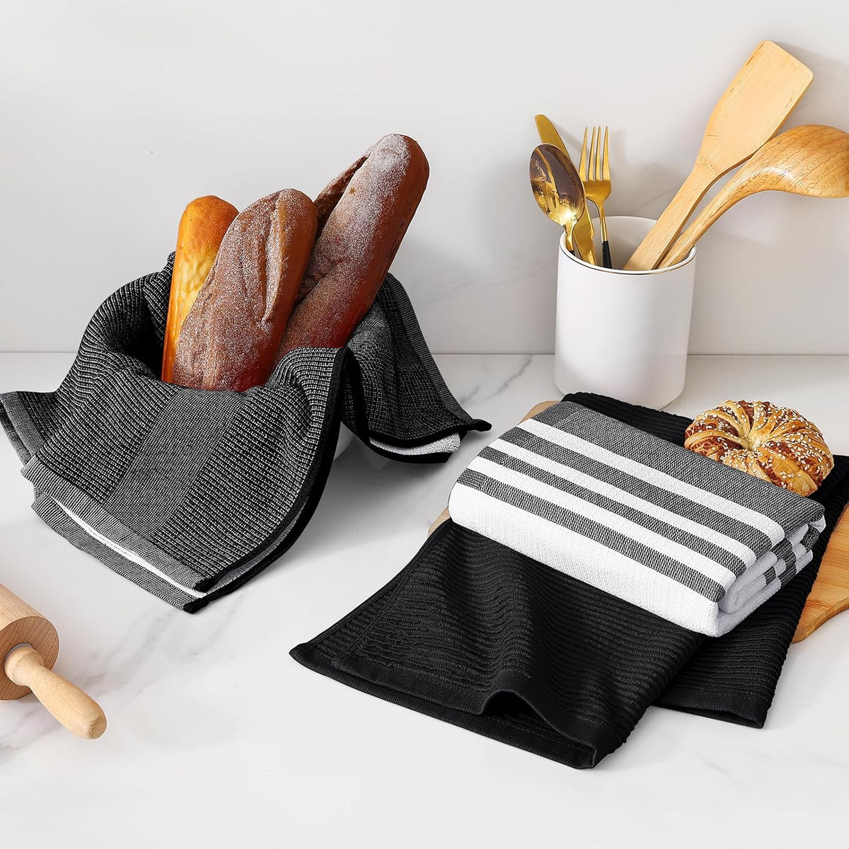 Homaxy Premium Kitchen Towels(18”x 28”, 12 Pack), Large Cotton 380 GSM Kitchen Hand Towels, Soft and Absorbent Terry Dish Towels, Multipurpose Tea Towel Set with Hanging Loop, Black