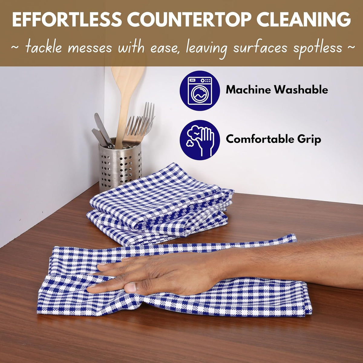 Native Fab 6 Pack Gingham Mini Check Kitchen Hand Towels Set 16"x26" - 100% Cotton Absorbent Reusable Wash Cloths - Quick Drying Dish Towels with Hanging Loops for Kitchen, Blue White