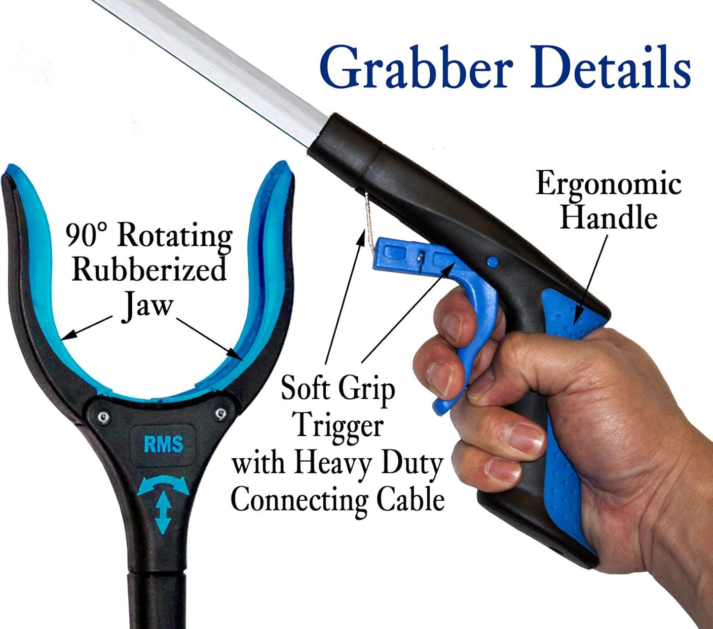 RMS 2-Pack 32 Inch Extra Long Grabber Reacher with Rotating Jaw - Mobility Aid Reaching Assist Tool (Blue)