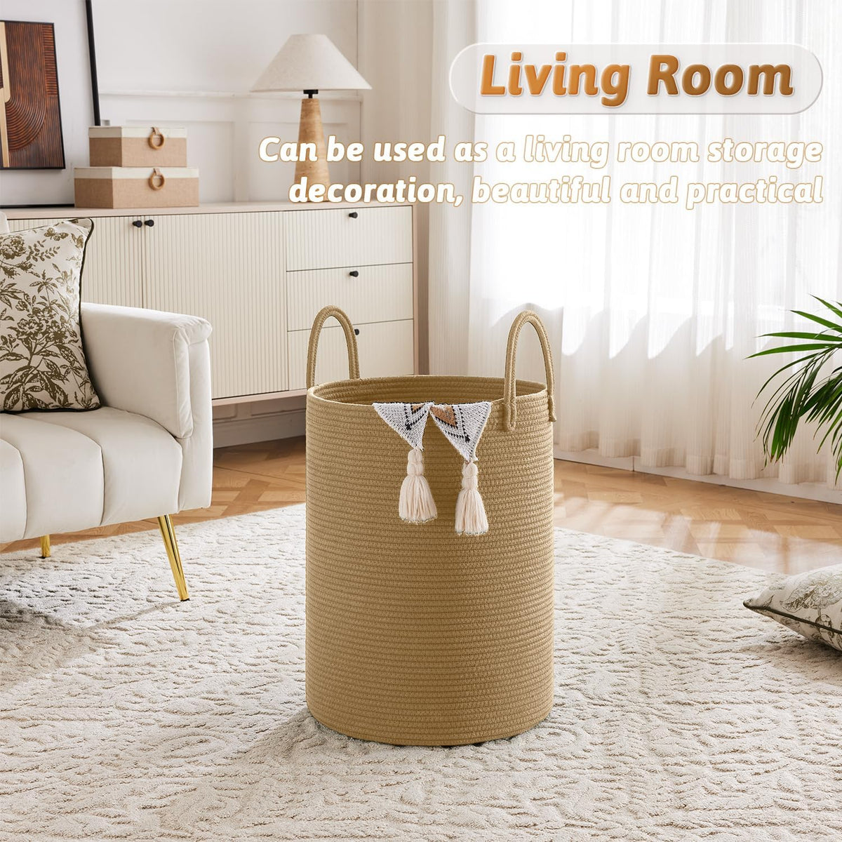 Laundry Basket,Woven Cotton Rope Laundry Hamper,60L for Decorative Storage of Dirty Clothes,Toys and Blankets in Bathroom,Baby Room and Living Room