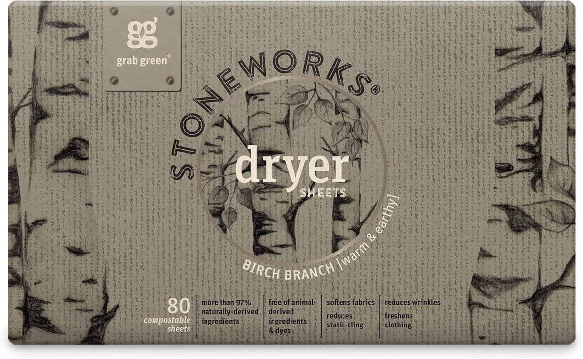 Grab Green Stoneworks Laundry Detergent Pods and Dryer Sheet Bundle, 50 Count Pods and 80 Dryer Sheets, Birch Branch Scent, Plant and Mineral Based Laundry Care Set