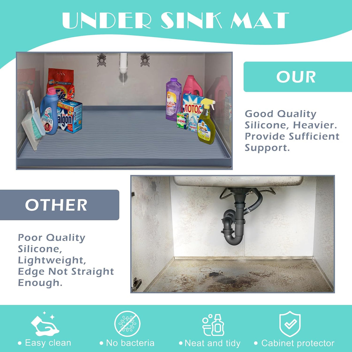 URMONA Waterproof Silicone Under Sink Mat 25'' x 22'' Shelf Liner for Kitchen and Bathroom, Cabinet and Counter Protector, Storage and Organizers, Litter Mat, Pet Cat Puppy Essentials(Cream)