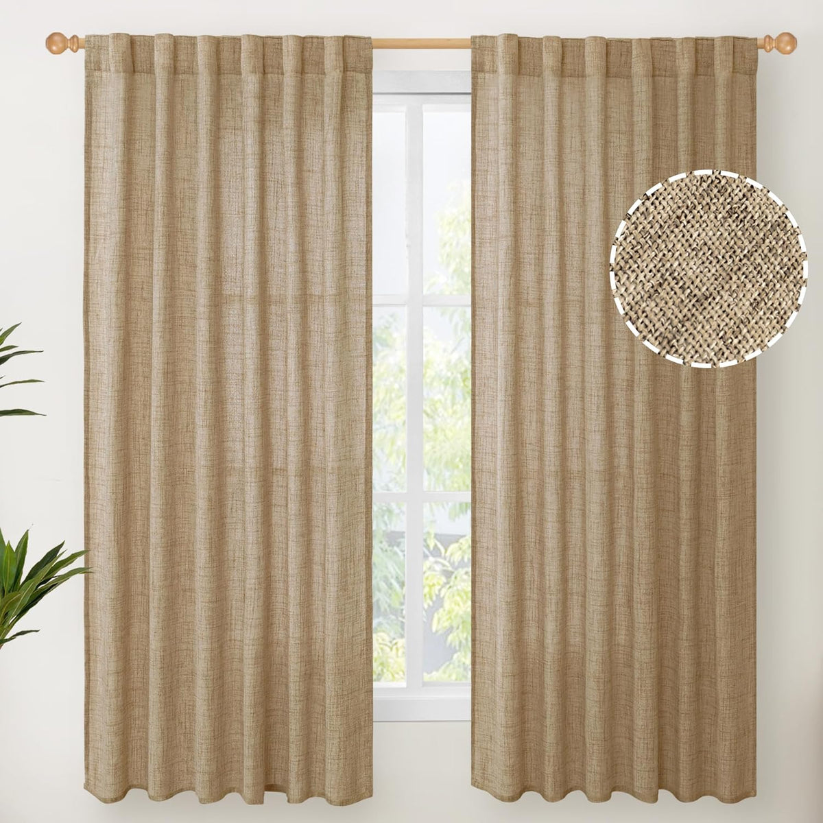 YoungsTex Burlap Linen Curtains 63 Inch Length for Living Room Window, Textured Semi Sheer Drapes Light Filtering with Rod Pocket Back Tab for Farmhouse Bedroom, Toffee, 52 X 63 Inch, 2 Panels