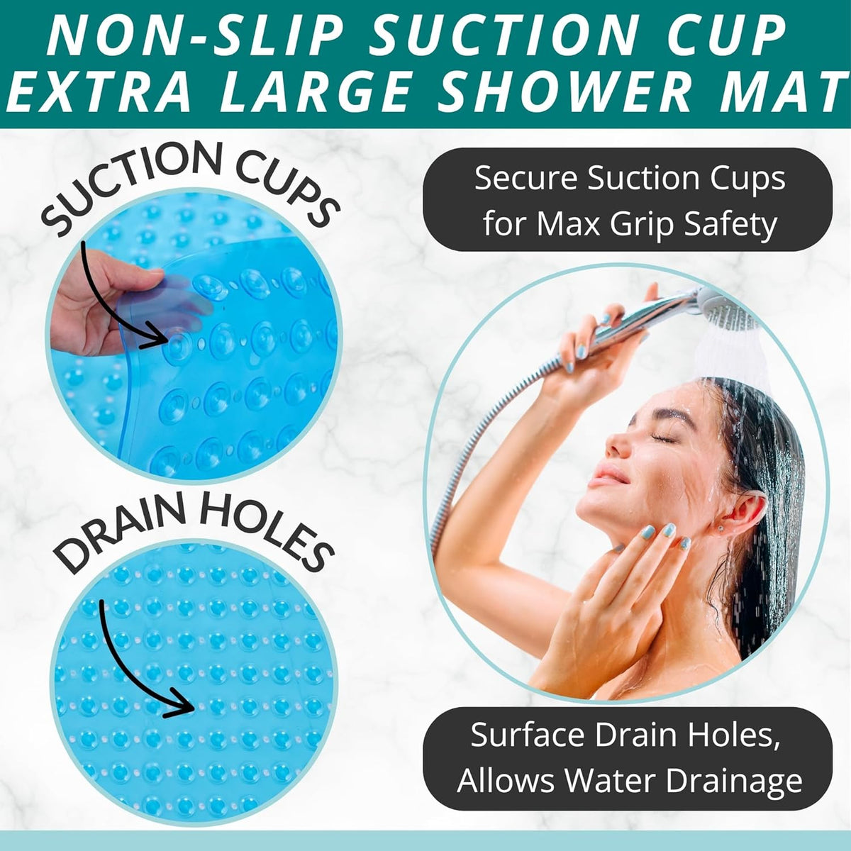 ENKOSI Extra Large Square Non Slip Shower Mat - 31 x 31-inch XL Bathroom Shower Mat - Square Shower Matts for Shower Stall Floors | Secure Suction Cups and Drain Holes (31x31 Clear Blue)