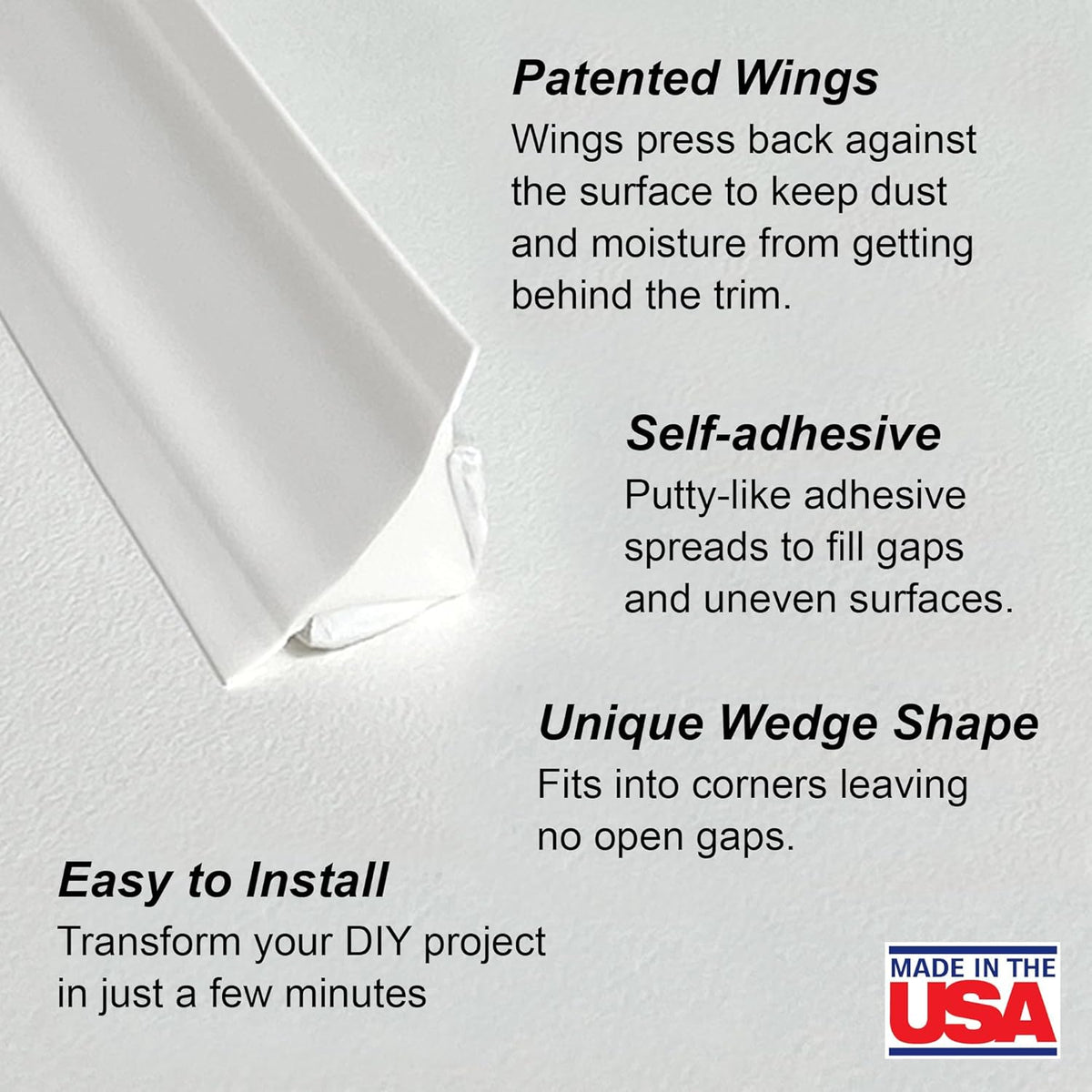 InstaTrim The Original Flexible Trim - 50ft White 1/2" Wide Caulk Tape - Adhesive Trim with Many Uses Including Caulking for Bathtubs, Sinks, Counters, Tile, Floors - Made in USA