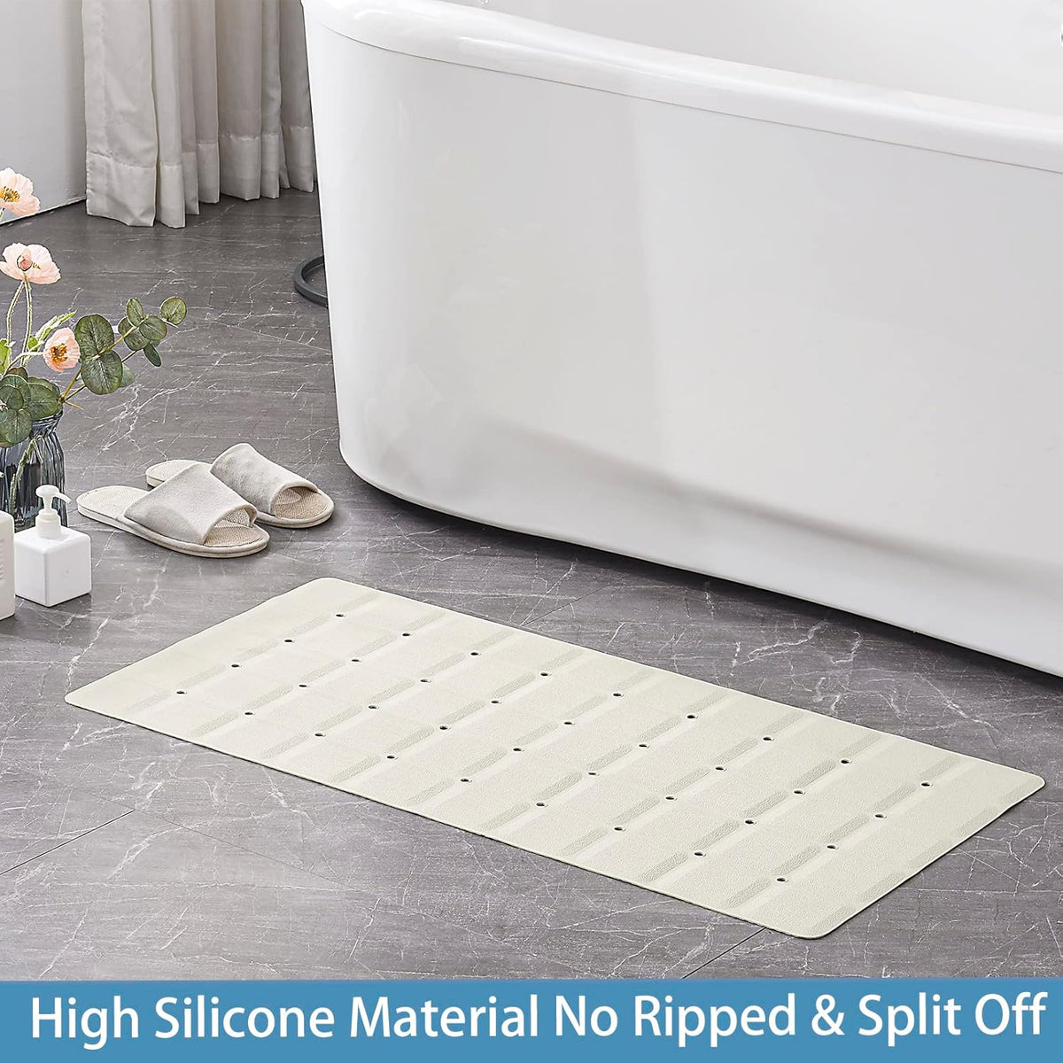 Foldable Silicone Bathtub Mat: Jumbo Size Heavy Duty Safety Bath Mat for Tub Without Suction Cups Non Slip Bath & Shower Mat for Textured, Reglazed, Refinished Tub (Beige, 35.8 x 17.7)
