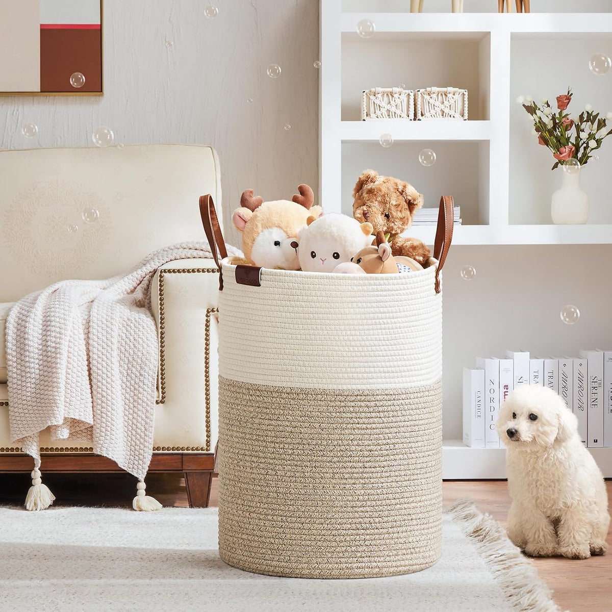 VIPOSCO Tall Laundry Basket, Large Dirty Clothes Hamper with Leather Handle, Woven Rope Storage Basket for Blanket, Toy In Living Room, Bathroom, Bedroom - 100L White & Brown