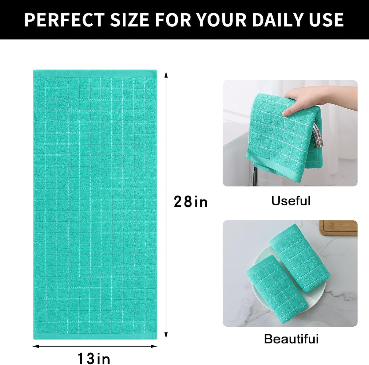 Homaxy 100% Cotton Terry Kitchen Towels(Turquoise, 13 x 28 inches), Checkered Designed, Soft and Super Absorbent Dish Towels, 6 Pack