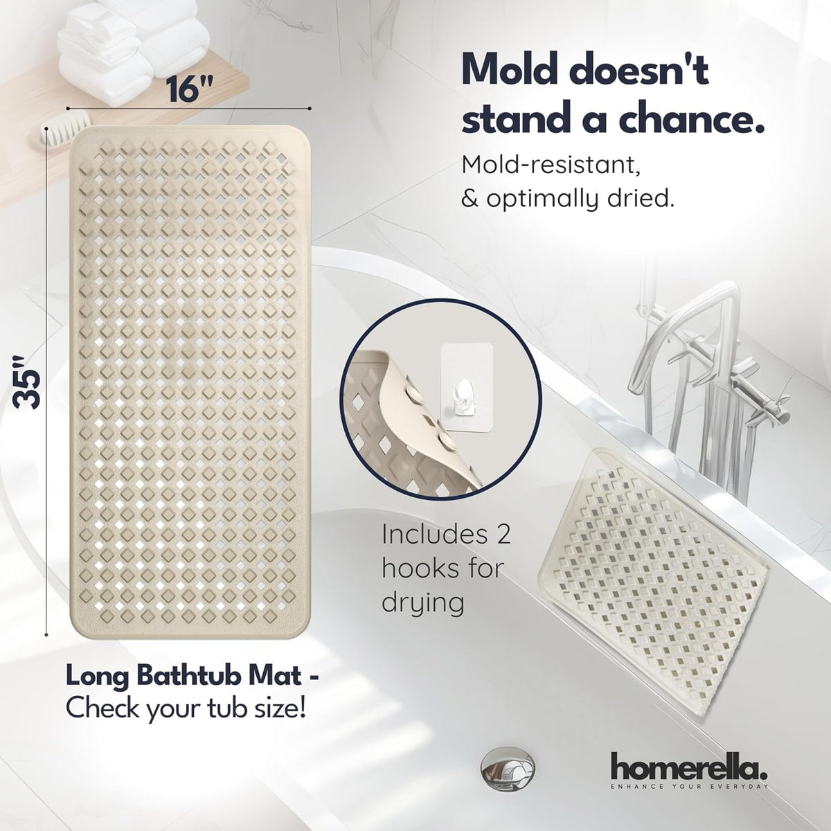 homerella® Bathtub Mat Non Slip 35x16, Incl. Hooks for Drying, Extra Long, 100% BPA Free, Shower Mat Non Slip Anti Mold, Machine Washable, Shower Mats for Inside Shower Mildew Resistant