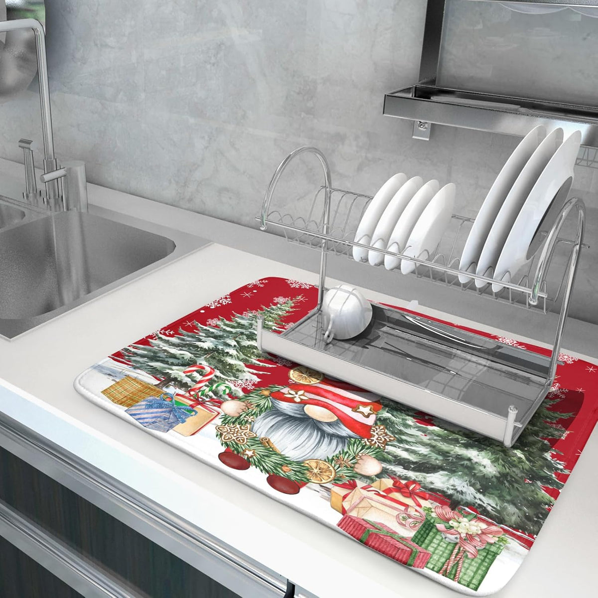 Christmas Dish Drying Mat for Kitchen Counter, Merry Christmas Dish Drying Mat 18 x 24 Inch Xmas Gnomes Absorbent Reversible Microfiber Dish Drying Pad Kitchen Drying Mat for Coffee Bar