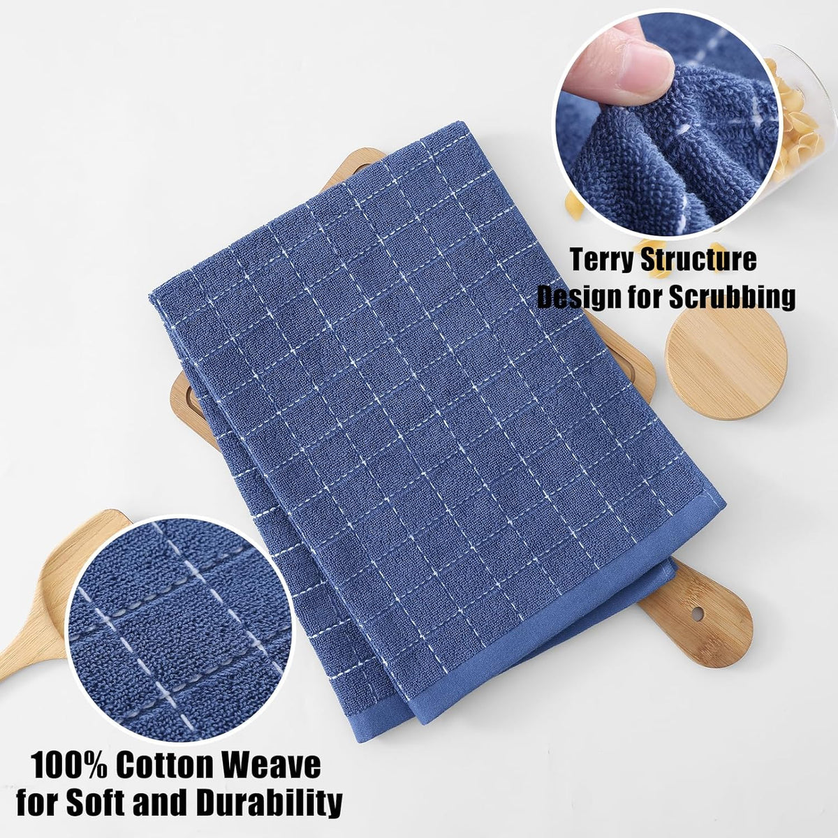 Homaxy 100% Cotton Terry Kitchen Towels(Navy Blue, 20 x 28 inches), Checkered Designed, Soft and Super Absorbent Dish Towels, Large 4 Pack