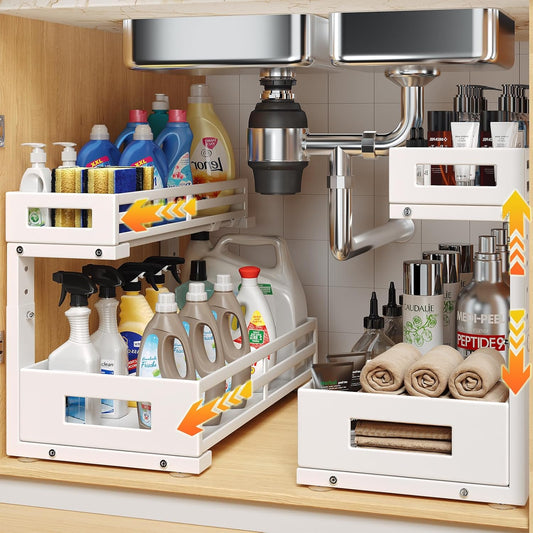 2-Pack 17"Deep Under Sink Organizer And Storage, 2-Tier L-Shaped Pull Out Cabinet Organizer with Upgraded Slide Rails, Height Adjustable Drawers for Kitchen&Bathroom, Extra-Large Storage Shelves–White