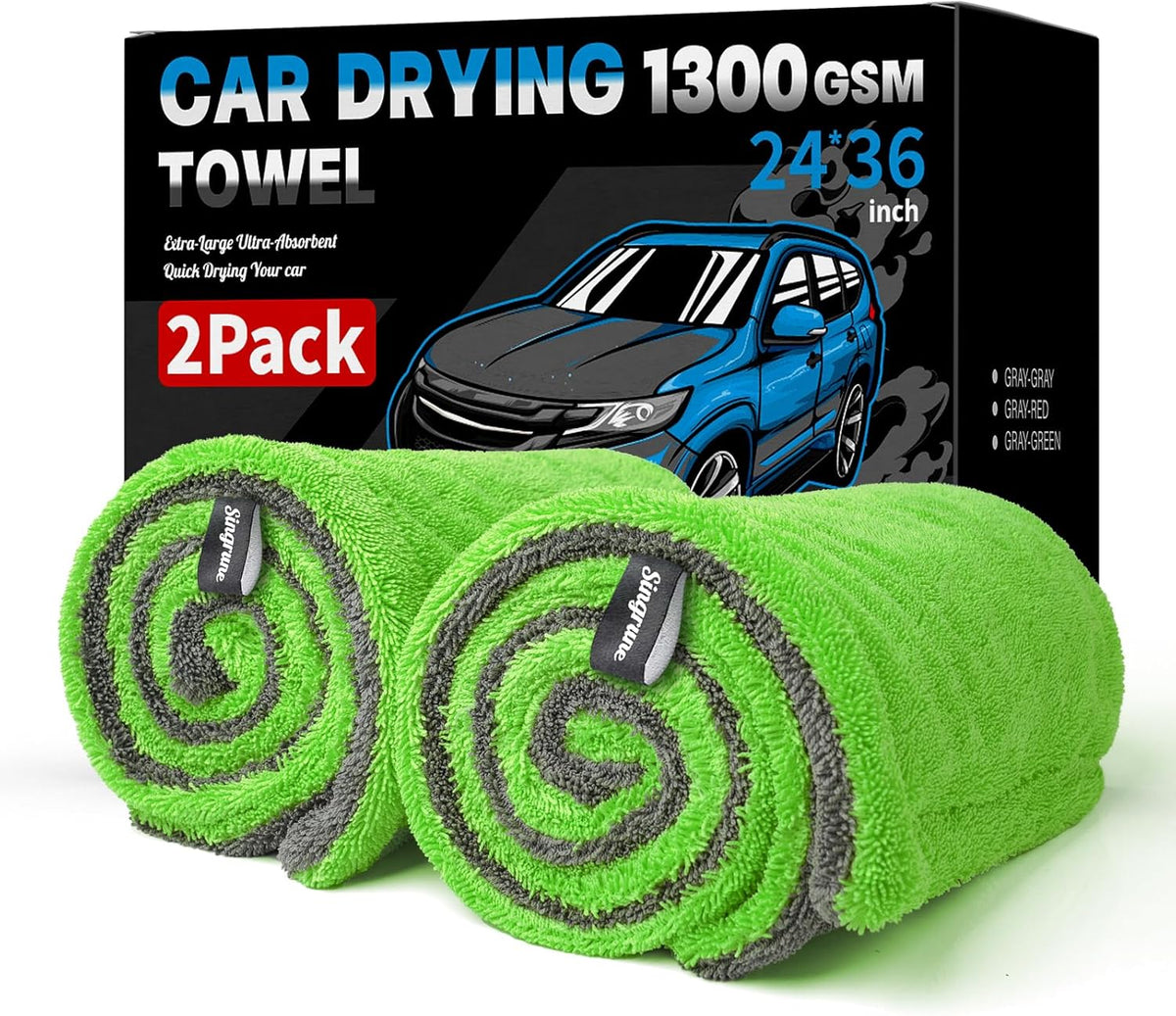 2 Pack XL Car Drying Towel – 1300GSM Ultra Absorbent Microfiber, 24"x36" Large Size, Twisted Loop, Lint-Free & Streak-Free for Auto Detailing, Car, SUV, Truck (Gray-Green)
