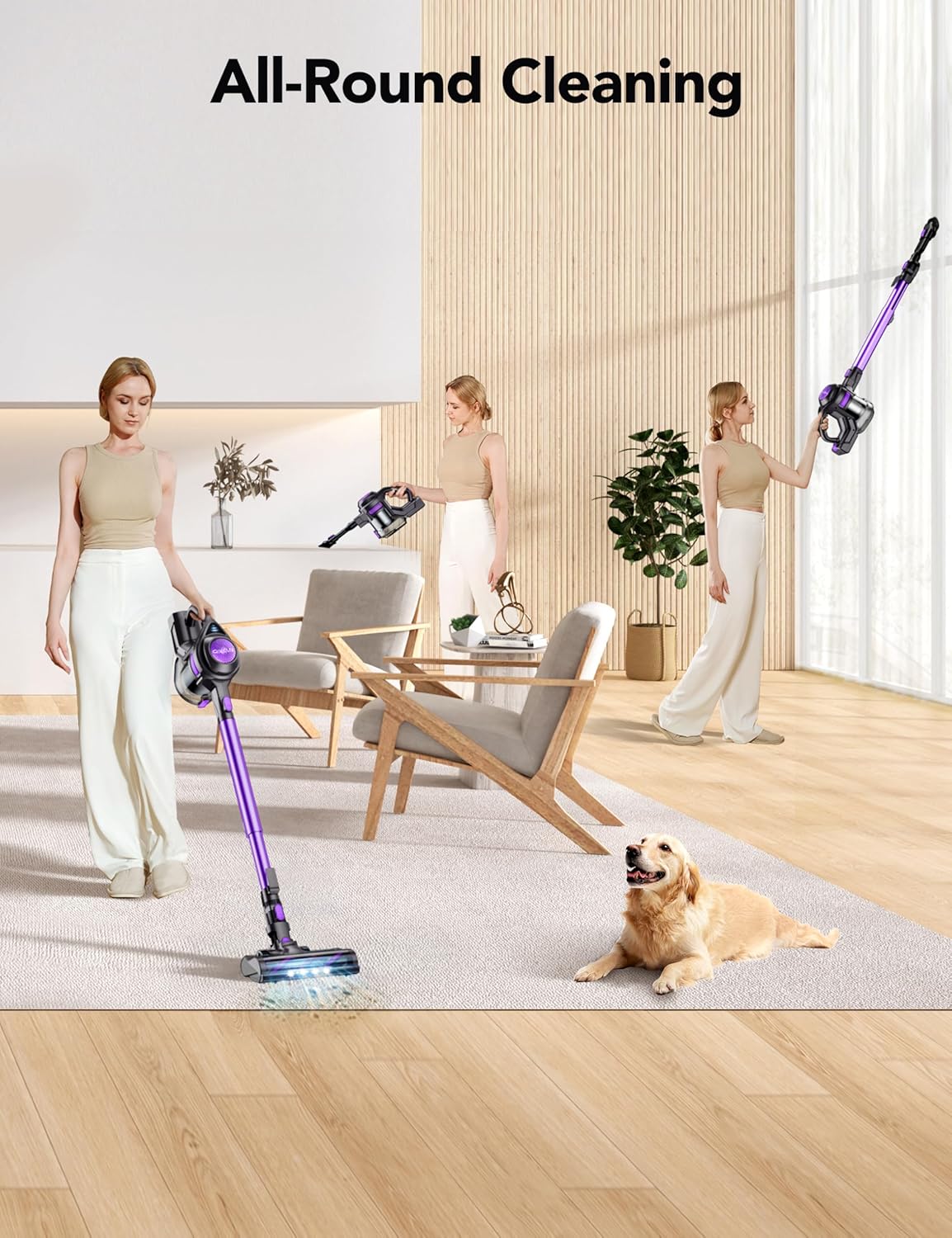Cordless Vacuum Cleaner, Rapid Clean 23 Kpa Powerful Suction, 1.3 L Large Capacity, 2 Modes & 30Mins Runtime, Rechargeable Stick Vacuum for Pet Hair Hardwood Carpet - Purple