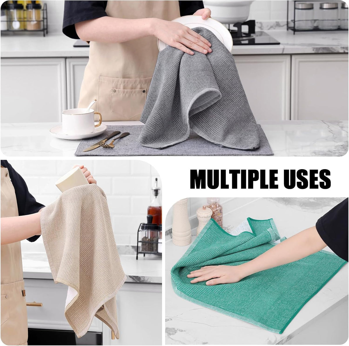 Homaxy Premium Kitchen Towels(18”x 28”, 6 Pack), Large Cotton Kitchen Hand Towels, Flat and Terry Dish Towels, 380 GSM Highly Absorbent Tea Towel Set with Hanging Loop, Grey/Green/Khaki