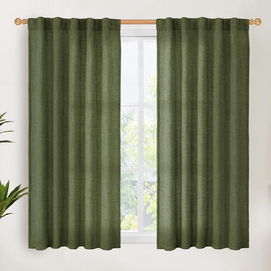 YoungsTex Olive Green Linen Curtains 48 Inch Length for Kitchen, Semi Sheer Small Window Drapes with Rod Pocket Back Tab Light Filtering for Short Living Room Bedroom, 2 Panels, 42 X 48 Inch