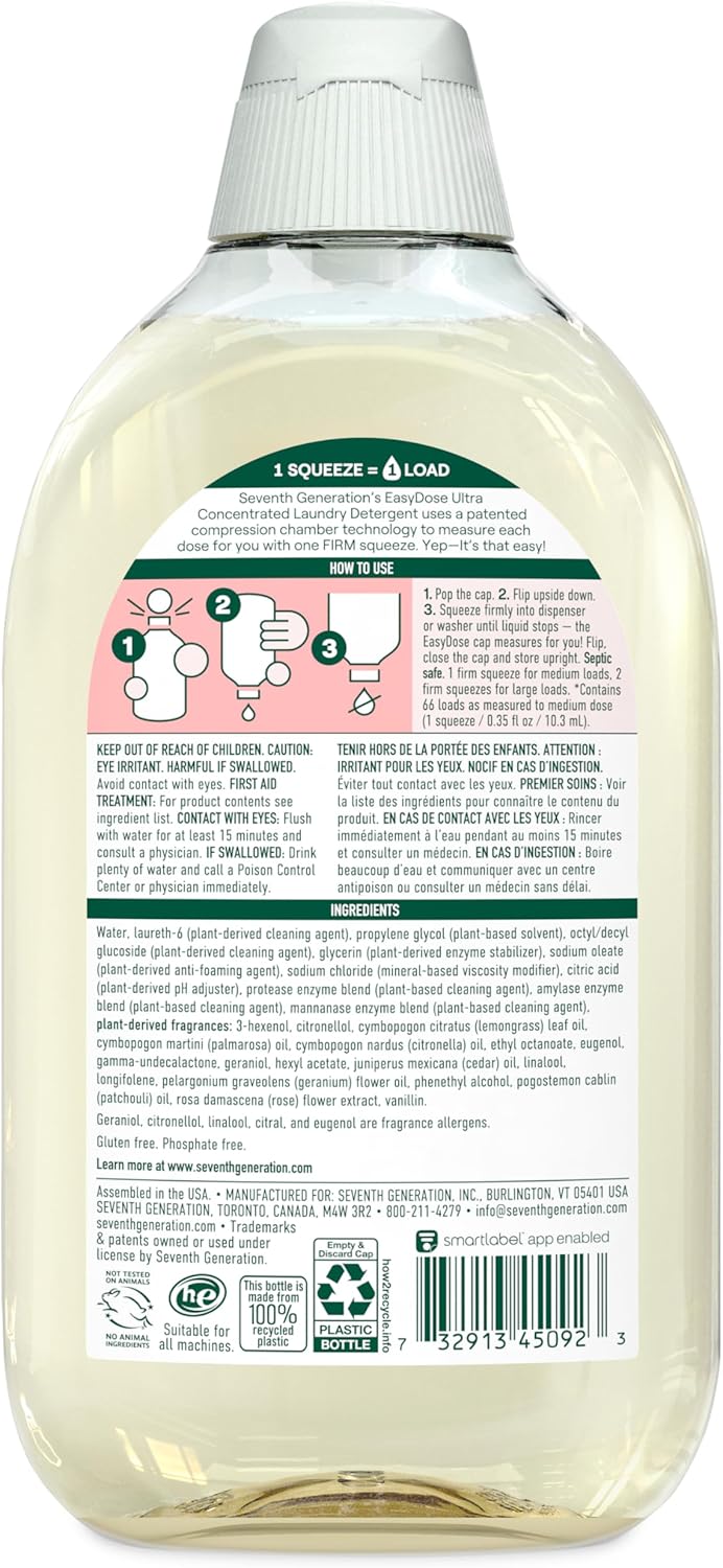 Seventh Generation EasyDose Laundry Detergent Ultra Concentrated Rose Washing Detergent 23 oz, Pack of 2
