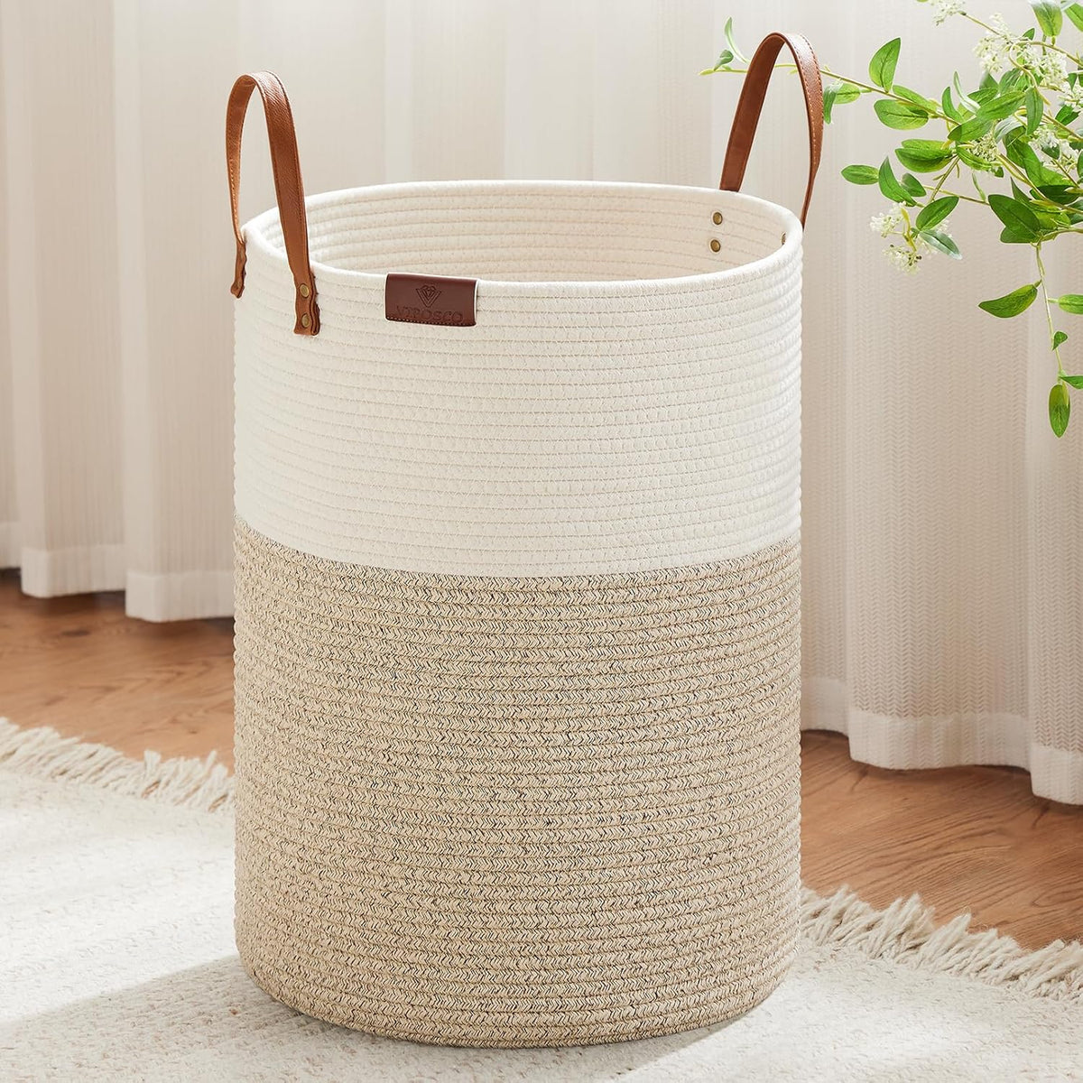 VIPOSCO Tall Laundry Basket, Large Dirty Clothes Hamper with Leather Handle, Woven Rope Storage Basket for Blanket, Toy In Living Room, Bathroom, Bedroom - 100L White & Brown