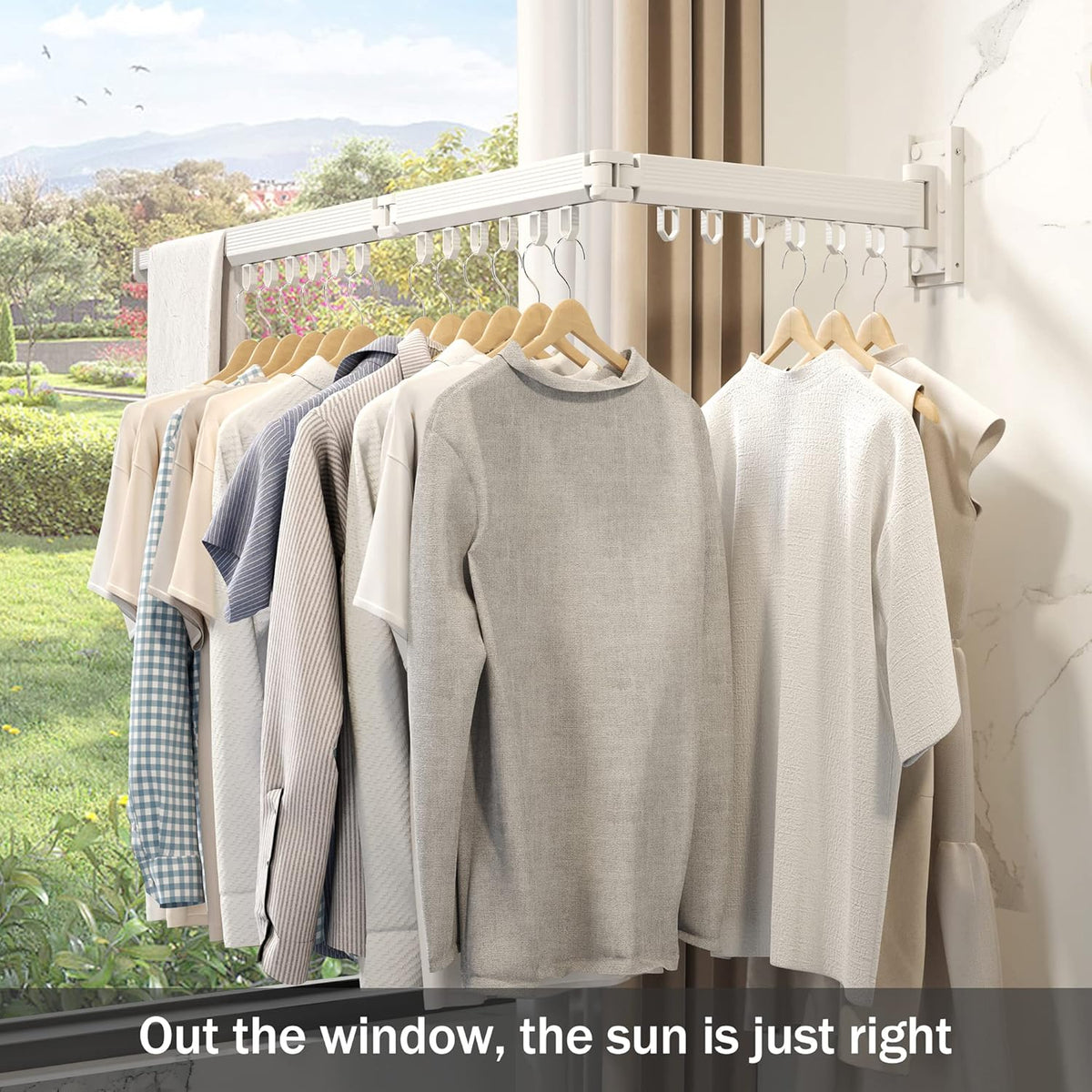 Wall Mounted Clothes Drying Rack, Retractable Laundry Rack for Hanging Clothes, Collapsible, Foldable, White-Rings