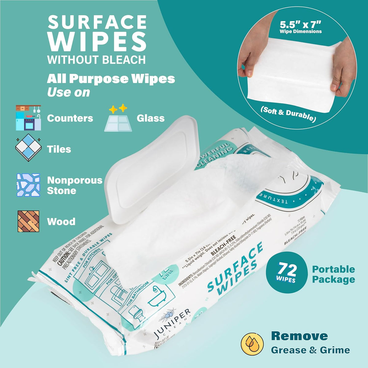 1 Pack Surface Cleaning Wipes Bleach Free, All-Purpose Cleaner for Bathroom, Kitchen, Office, 72 Count Soft Flow, Fresh Scent, Lint Free & Durable