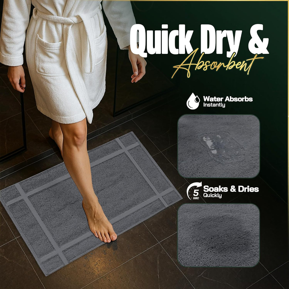 Pearl Linens Pack of 6 Washable Cotton Bath Mat 18x25 - Soft & Absorbent Quick Dry Bathroom Mat Set, Not Bathroom Rugs After Shower Mat, Terry Bath Tub Mat, 687 GSM Dark Grey