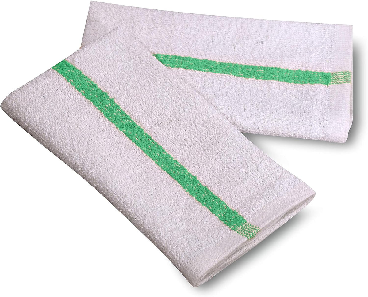 GOLD TEXTILES New Cotton Blend White Restaurant Bar Mops Kitchen Towels (36, Green Stripe)