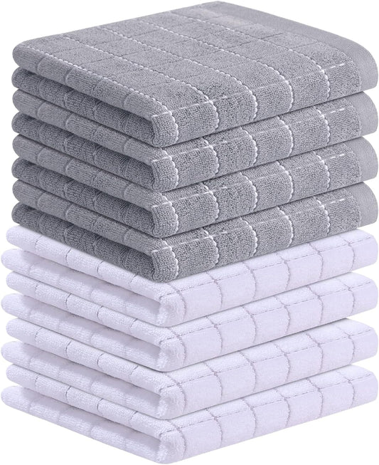 Homaxy 100% Cotton Terry Kitchen Towels(White and Light Grey, 13 x 28 Inches), Checkered Designed, Soft and Super Absorbent Dish Towels, 8 Pack