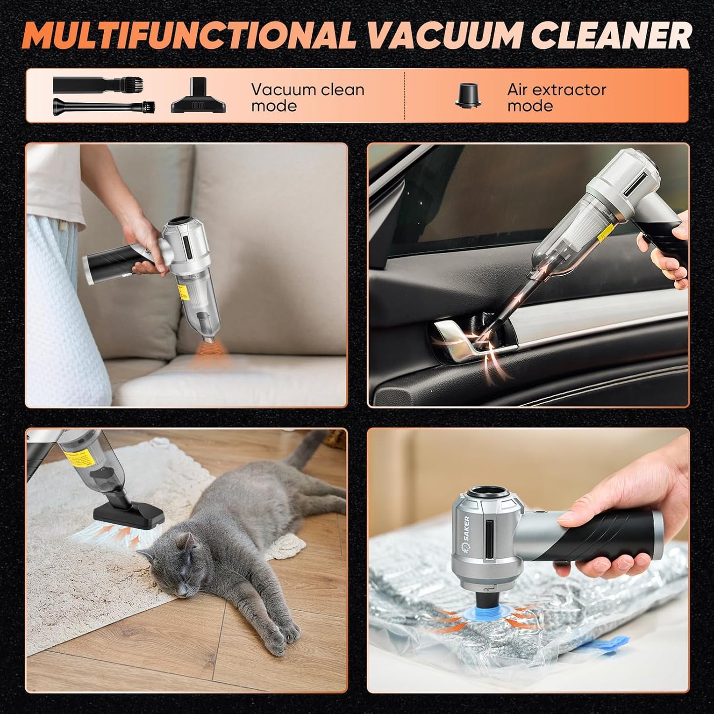 Saker Portable Handheld Vacuum Cordless Portable 17000PA Foldable Car Vacuum Cleaner Mini Dust Blower with Brushless Motor for Office Pet and Home Cleaning HL133