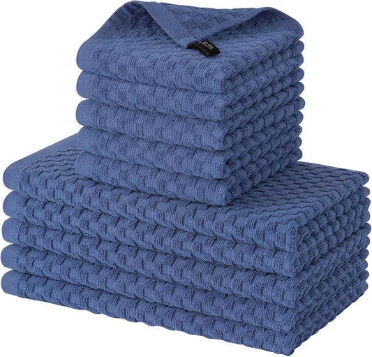 Fintale 100% Cotton Kitchen Towels and Dishcloths Set, 12 x 12 & 15 x 25 Inches, Set of 10 Bulk Super Soft and Absorbent Terry Cloth Dish Towels, Quick Drying Hand Towels with Hanging Loop, Navy Blue