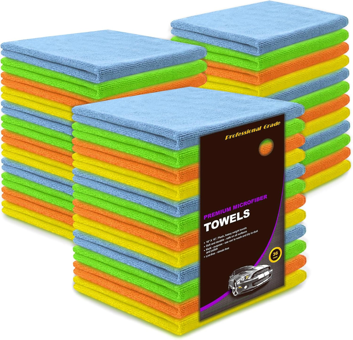 Microfiber Cleaning Cloths - 36 Pack, 16x16 Reusable, Lint-Free, Highly Absorbent Towels for Home, Kitchen, Car Detailing & Windows - Soft, Durable, Washable Cleaning Rags (Mix Color, 16" x 16")