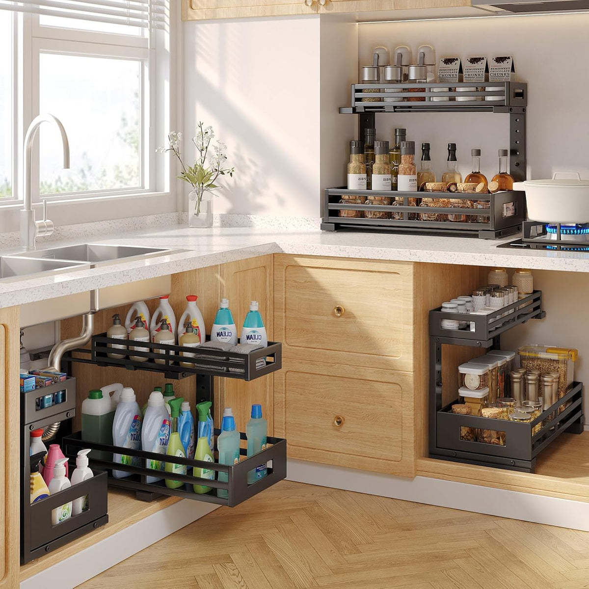 2-Pack 17"Deep Under Sink Organizer And Storage, 2-Tier L-Shaped Pull Out Cabinet Organizer with Upgraded Slide Rails, Height Adjustable Drawers for Kitchen&Bathroom, Extra-Large Storage Shelves–Black