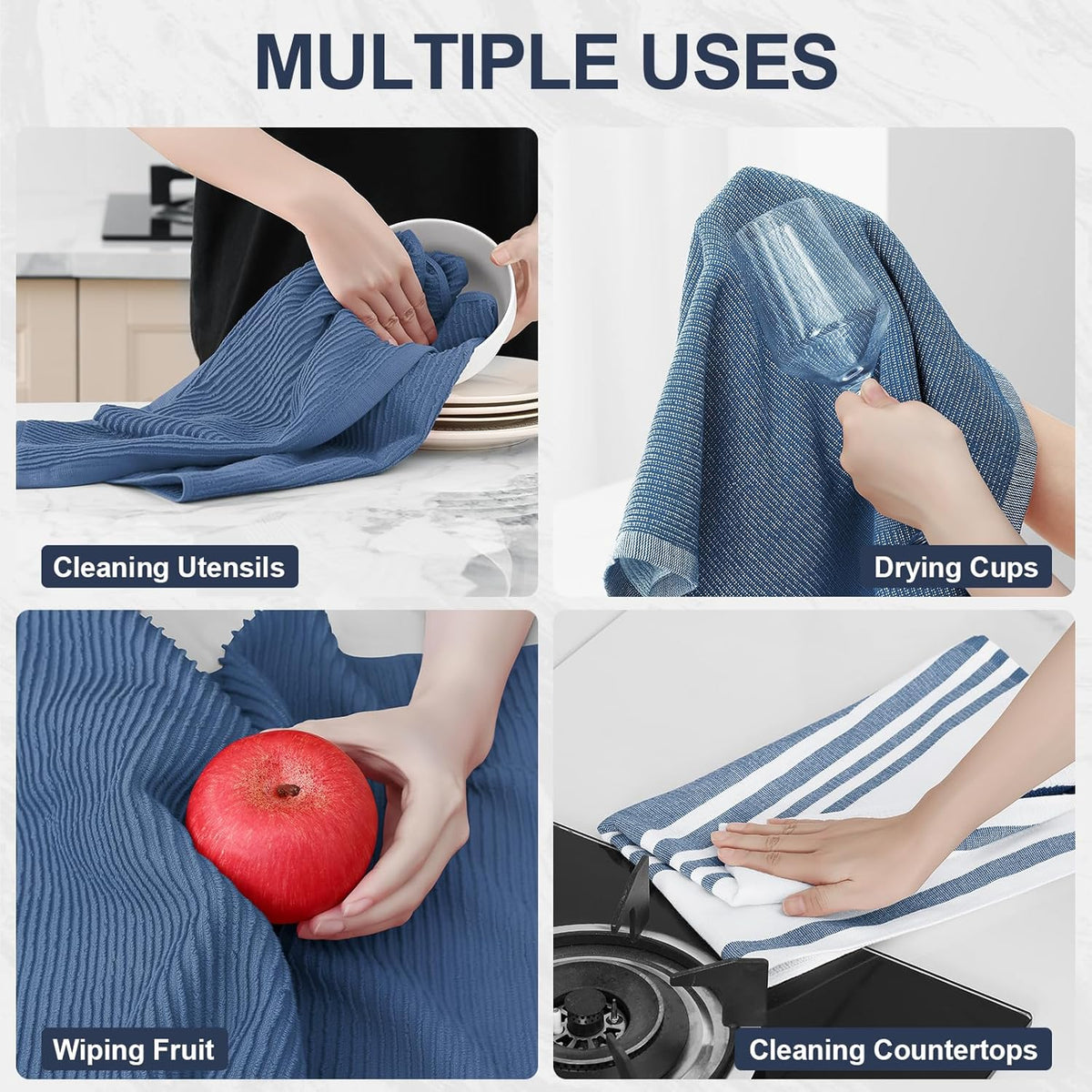 Homaxy Premium Kitchen Towels(18”x 28”, 9 Pack), Large Cotton 380 GSM Kitchen Hand Towels, Soft and Absorbent Terry Dish Towels, Multipurpose Tea Towel Set with Hanging Loop, Navy Blue