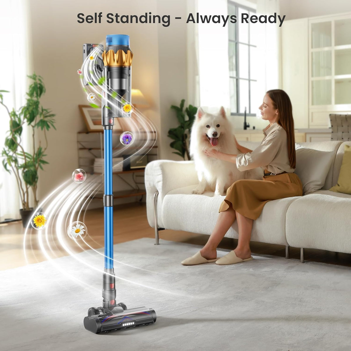 Cordless Vacuum Cleaner, 580W 48KPA 70Mins Vacuum Cleaners for Home, Self-standing Stick Vacuum with Aromatherapy, Anti-Tangle Brush, Wall Mount Charging Vacuum for Hardwood Floor/Carpet/Pet Hair