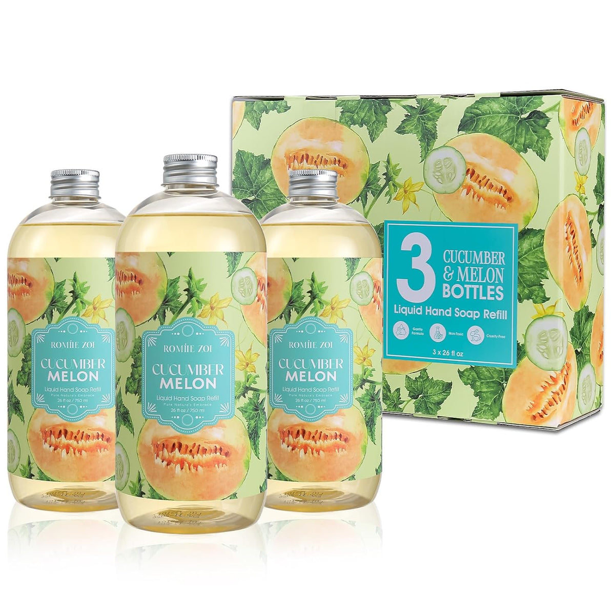ROMIIE ZOI Liquid Hand Soap Refills Gift Set – Cucumber & Melon Scent – 3 x 26 Fl Oz Bottles – Plant-Based, Non-Toxic, Eco-Friendly & Moisturizing Formula – for Bathroom, Kitchen & Home Gifting