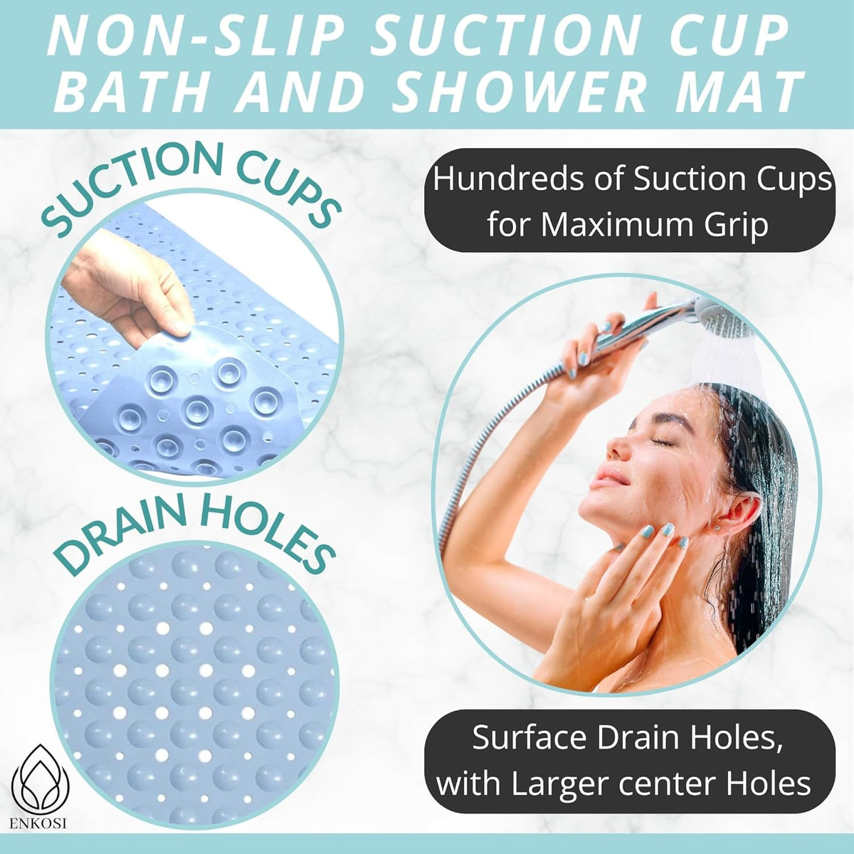 ENKOSI Non-Slip Bath Mat - Extra Long 40 x 16 Inch Large Anti-Slip Tub & Shower Mat with Suction Cups and Drain Holes for Bathroom Bathtub Safety and Decor (40x16 Aqua Blue)