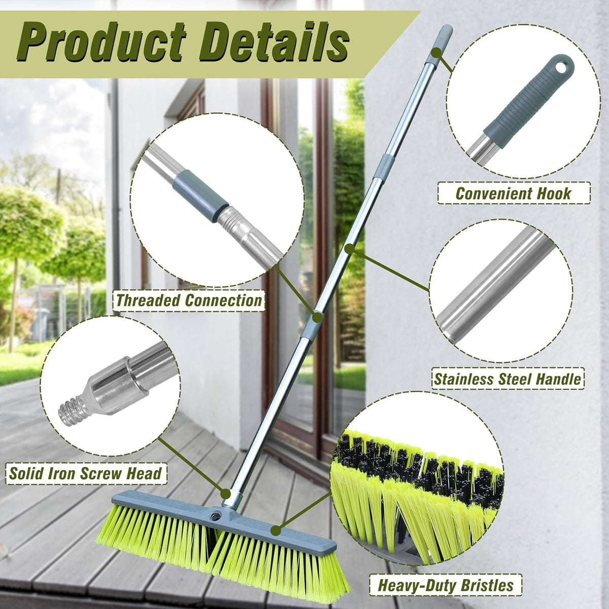 PHYEX 18" Push Broom with 47" Long Handle, Multi-Surface Floor Scrub Brush for Cleaning Deck, Patio, Garage, Driveway