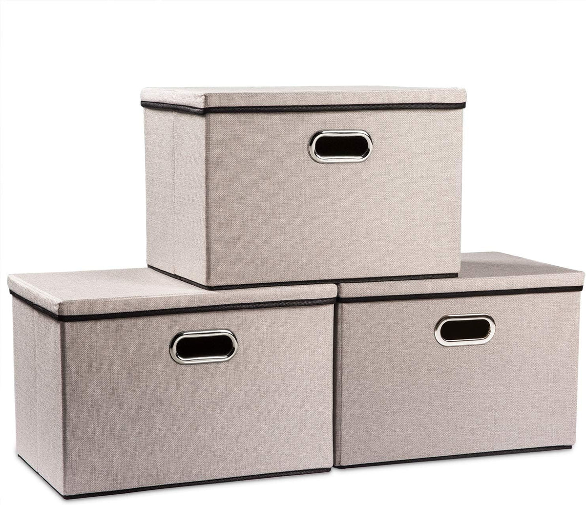 PRANDOM Large Foldable Storage Bins with Lids [3-Pack] linenFabric Decorative Storage Boxes Organizer Containers Baskets Cube with Handles Divider for Bedroom Closet Office Light Grey(17.7x11.8x11.8)