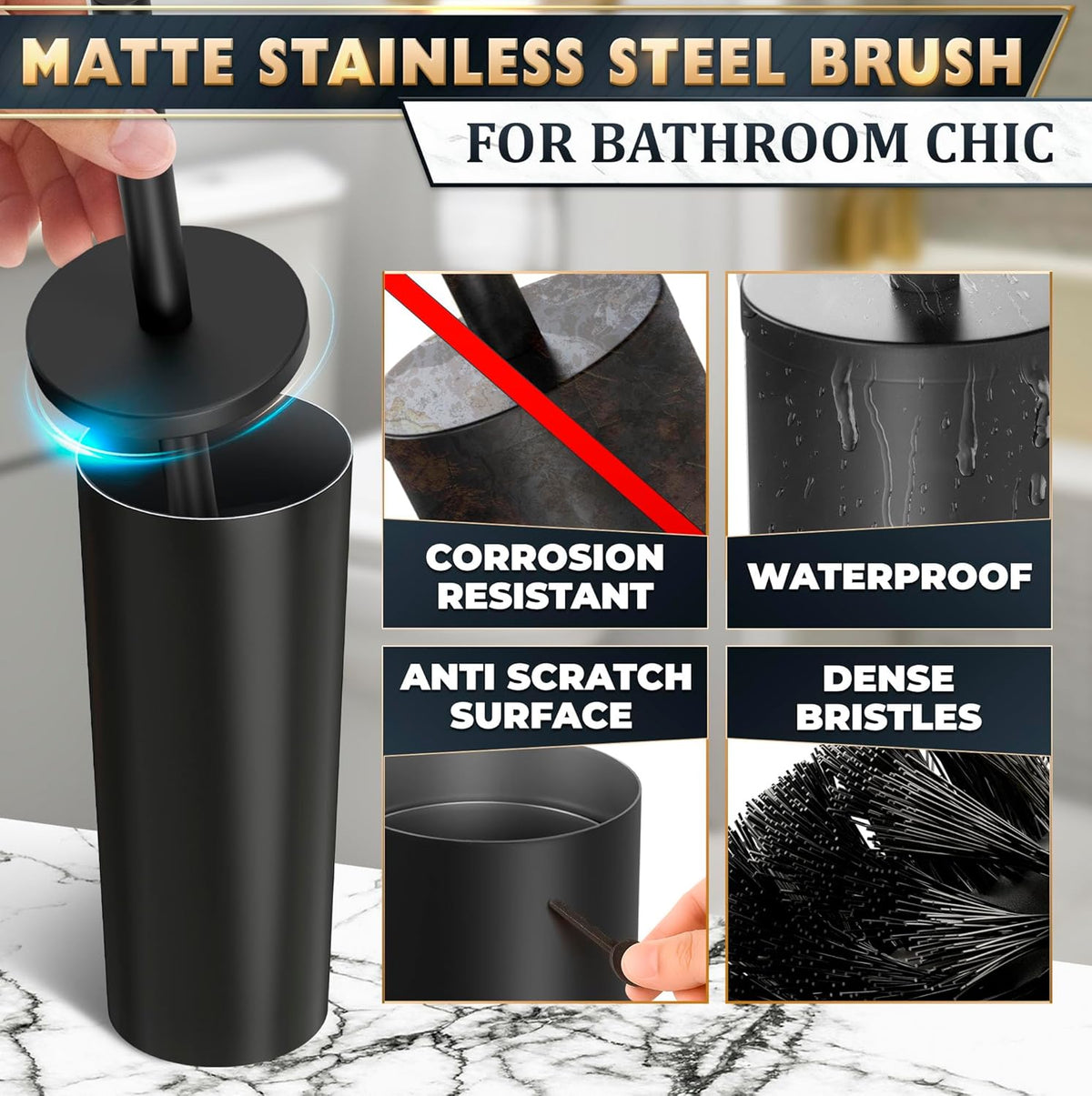 Black Toilet Brush and Holder Set - Scratch Resistant Black Toilet Bowl Brush and Holder with Soft Bristles Replaceable Head, Protection from Splashes, and Compact Design - for Effective Cleaning