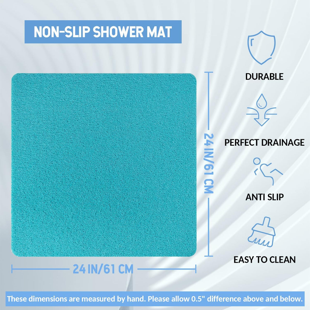 Non-Slip Bathtub Mat, Anti Slip Shower Mat, Fast Drying Bathtub Mats, Foot Scrubber Mat, Anti Slip Mat for Tub, Floor, Bathroom, Kitchen, Home, Hotel (Turquoise Blue 24"×24")