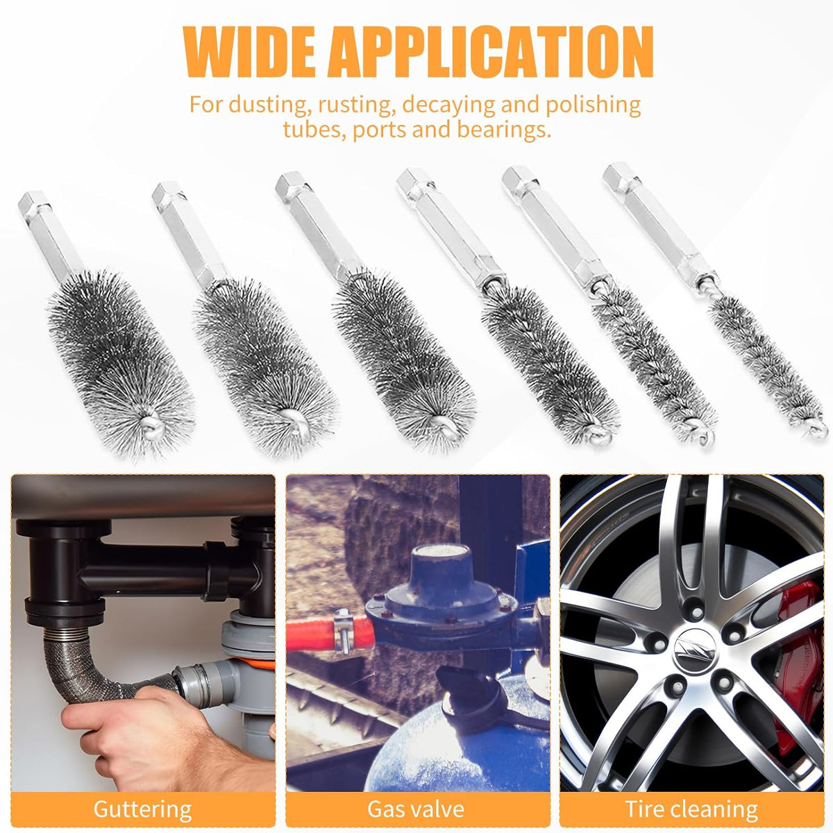 6Pieces Wire Brush Drill Bore Cleaning Brushes Set,with 1/4 Inch Hex Shank Stainless Steel Wire Twisted Brush for Rust, Cleaning Tubes (8/10/12/15/17/19MM) ﻿