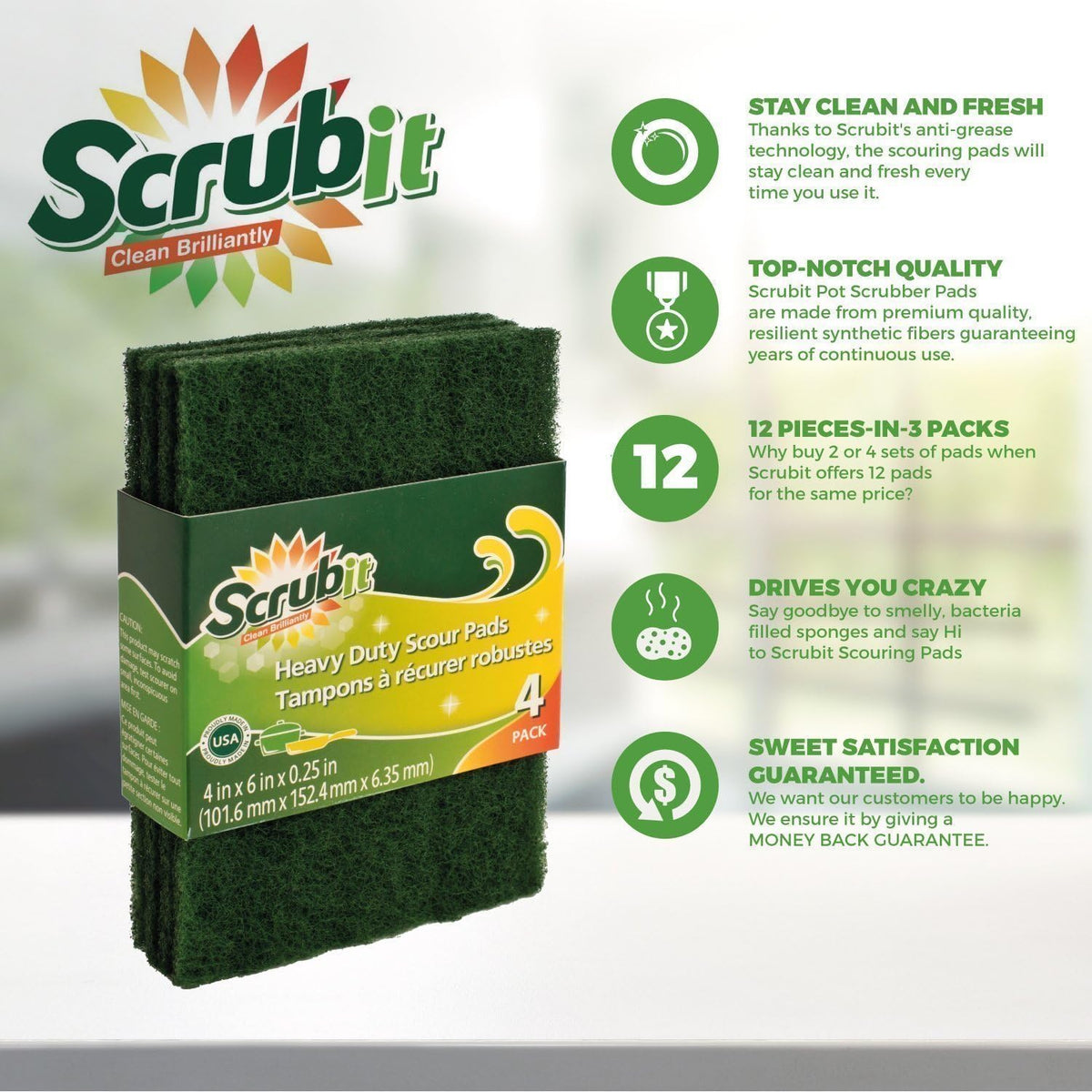 Scouring Pads - Heavy Duty Household Cleaning Scrubber with Non-Scratch Anti-Grease Technology - Reusable Scrubbing Pads - Green, 12 Pack