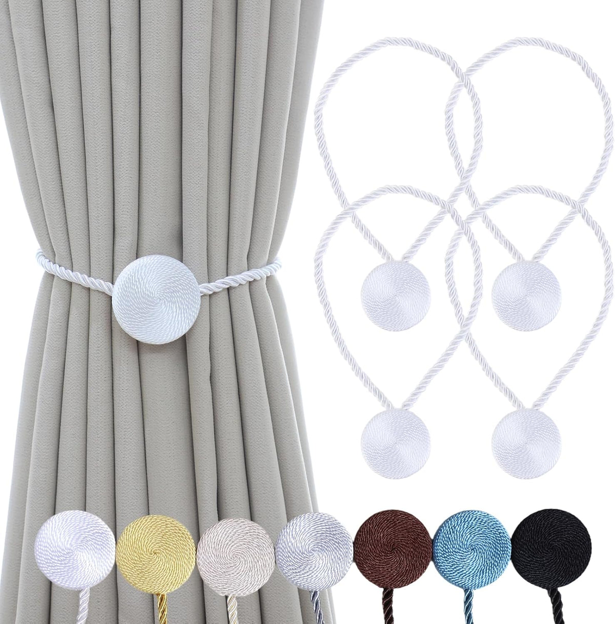 Magnetic Curtain Tiebacks - 12mm Magnetic Tie Backs for Curtains, Heavy Duty No Drill Curtain Holdbacks for Home/Office Windows Drapes, Elegant Gift-Ready Design 7 Colors (4, White)