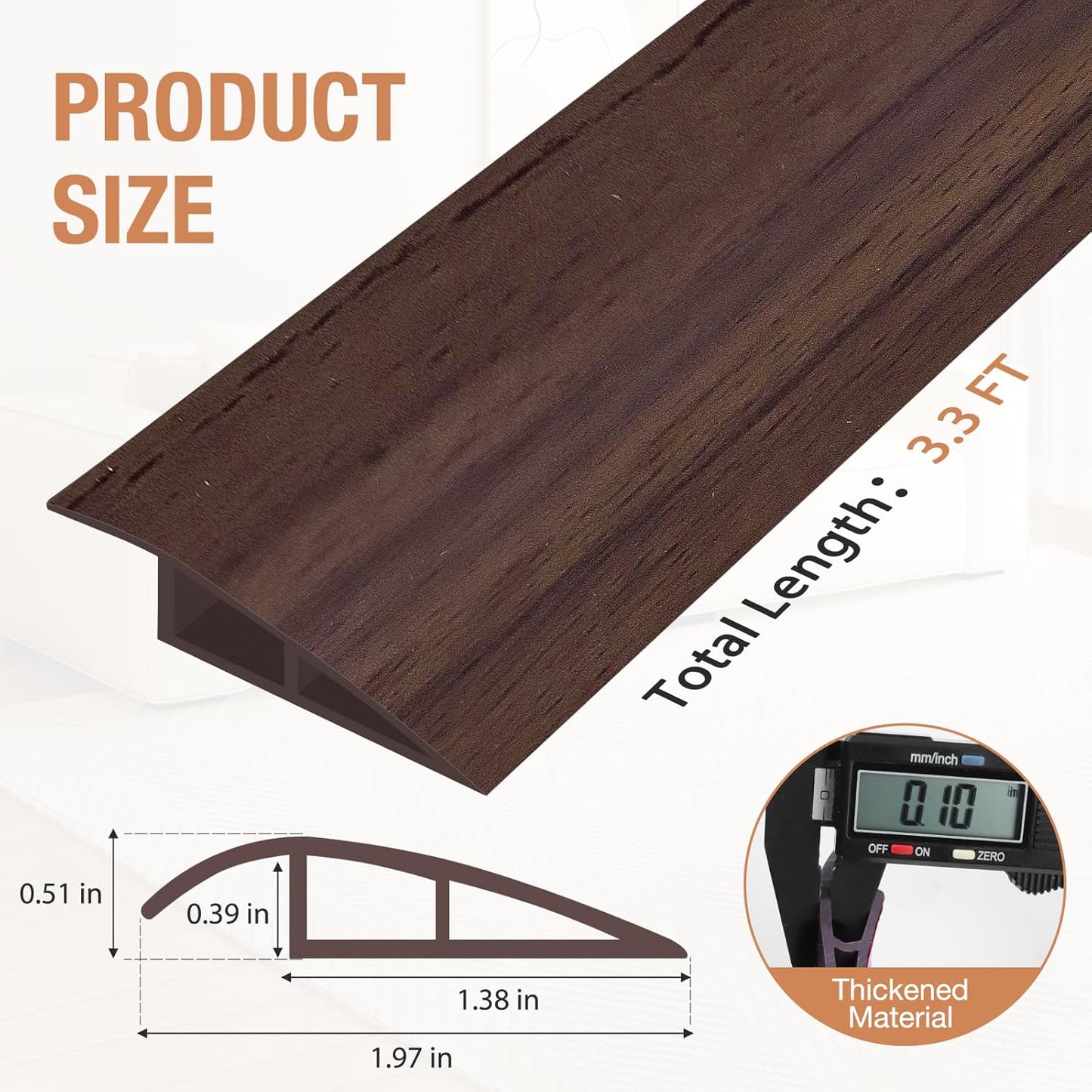 Floor Transition Strip Self Adhesive Vinyl Door Threshold for Doorways Carpet Edging Trim Overlap Edge Reducer for Laminate Floor, Carpet, Tile (Deep Brown Wood Grain, 1/5" to 2/5", 3.3Ft)