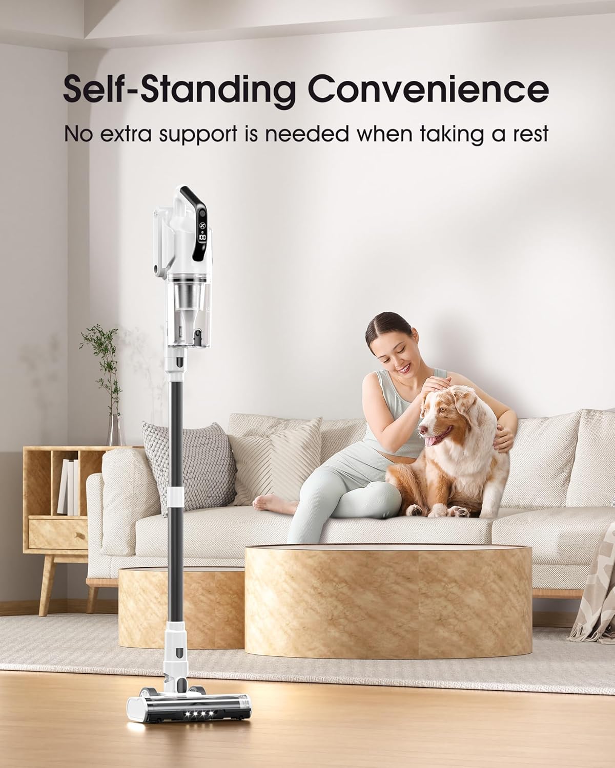 Cordless Vacuum Cleaner, 580W 48KPA 65Mins Runtime Fast Charging Vacuum Cleaner, Self-Standing LED Light Touch Screen Stick Vacuum for Home Light Weight,for Pet Hair/Carpet/Floor, White
