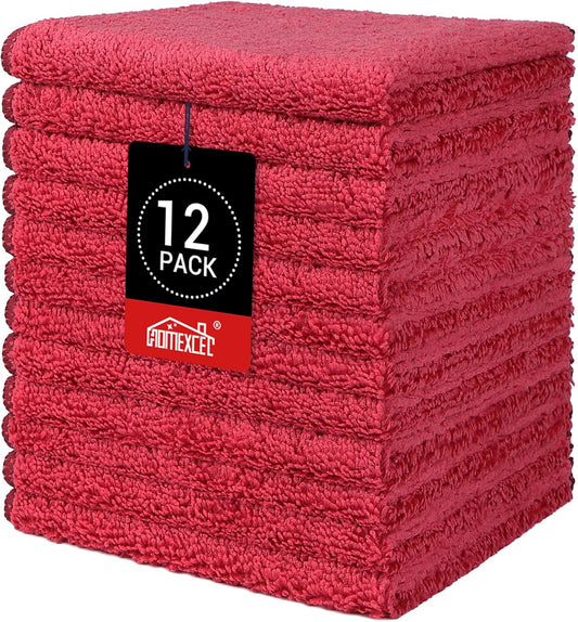 HOMEXCEL Red Microfiber Washcloths 12 Pack, Highly Absorbent and Soft Face Towel, Multi-Purpose Wash Cloths for Bathroom, Gym, Hotel, Spa and Kitchen,12x12 Inch