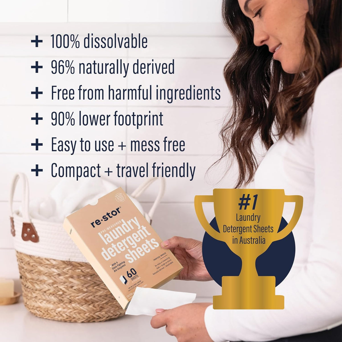 restor Laundry Detergent Sheets Tropical Breeze 60 Loads | Eco Friendly Plastic Free Travel Laundry Washer Sheets | Superior Stain Fighting Washing Detergent sheets Number One in Australia