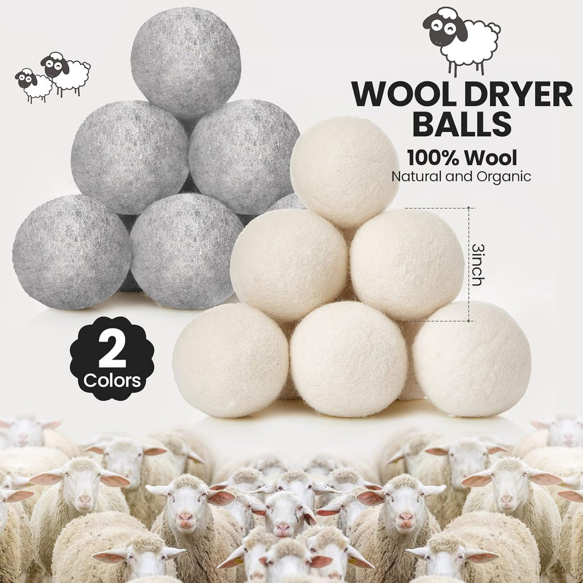 Roowest 56 Pieces Wool Dryer Balls Set 54 Reusable Wool Balls with 2 Muslin Bags Wool Laundry Balls Fabric Softener Ball Anti Wrinkle Anti Static Saving Energy and Time