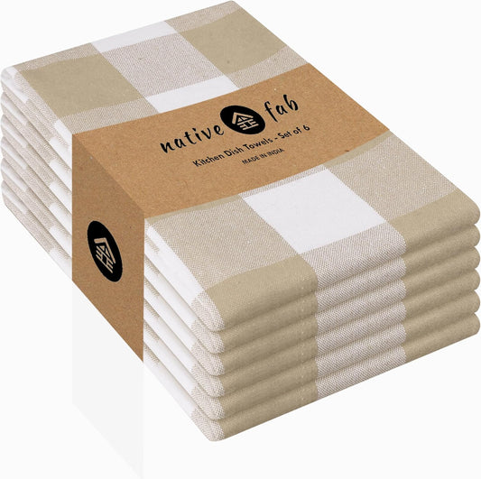 Native Fab 6 Pack Buffalo Check Kitchen Towels16 x26 - Cotton Dish Towels Washable - Absorbent Tea Towels, Soft Hand Towel with Hanging Loop, Dish Cloth Set - Beige White