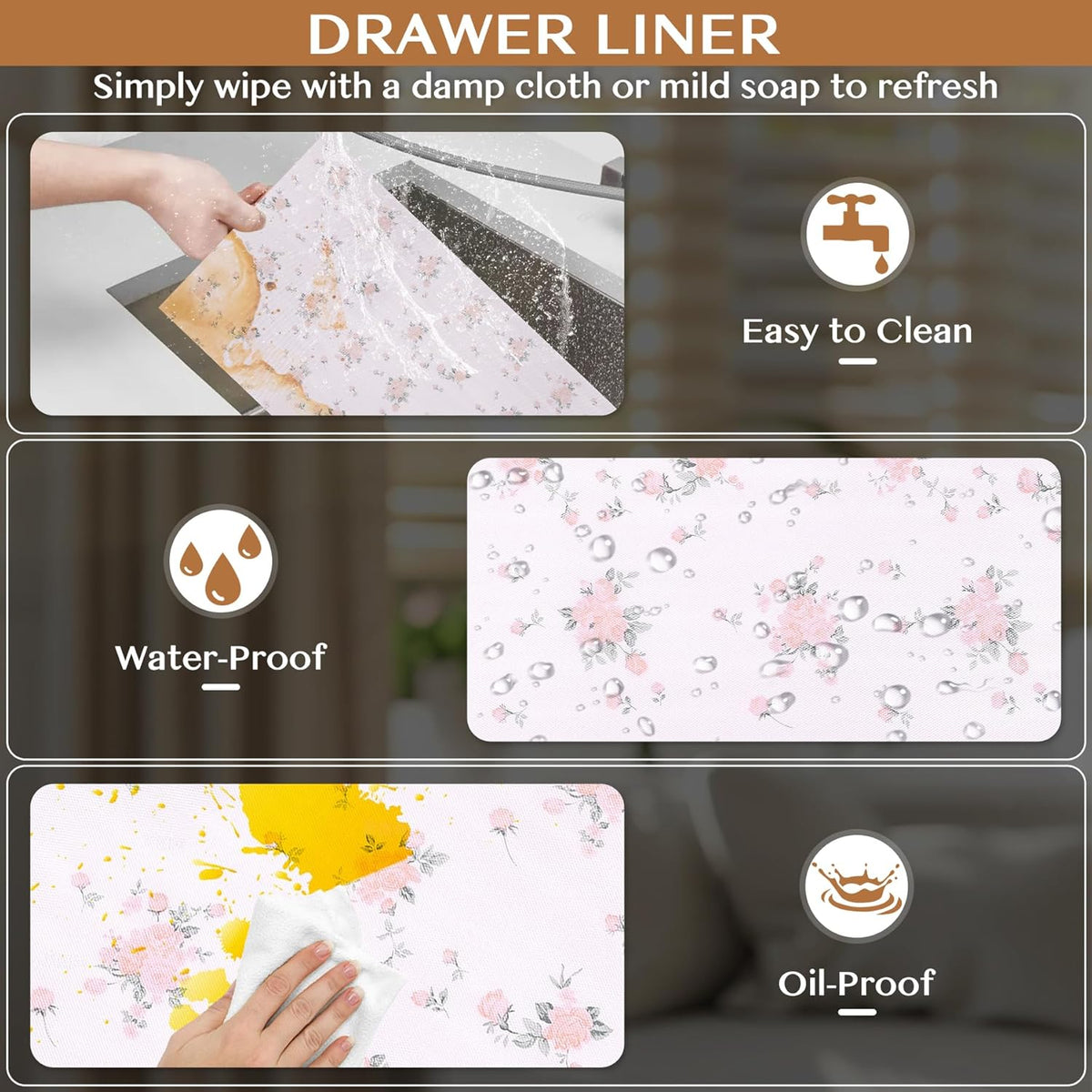 Non-Adhesive Shelf and Drawer Liner for Kitchen Cabinets, 12 in x 17FT Strong Non-Slip Cabinet Liners for Shelves, Refrigerator, Pantry Storage, Bathroom Closet, Easy to Clean, Floral