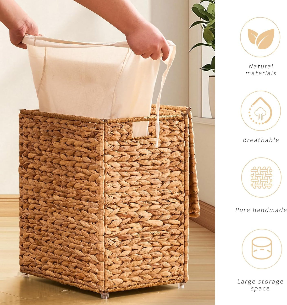 Handwoven Laundry Basket with Lid, Natural Water Hyacinth Storage Basket with Handle, Removable Cotton Liner, Durable and Stylish for Bedroom, Bathroom, Laundry Room
